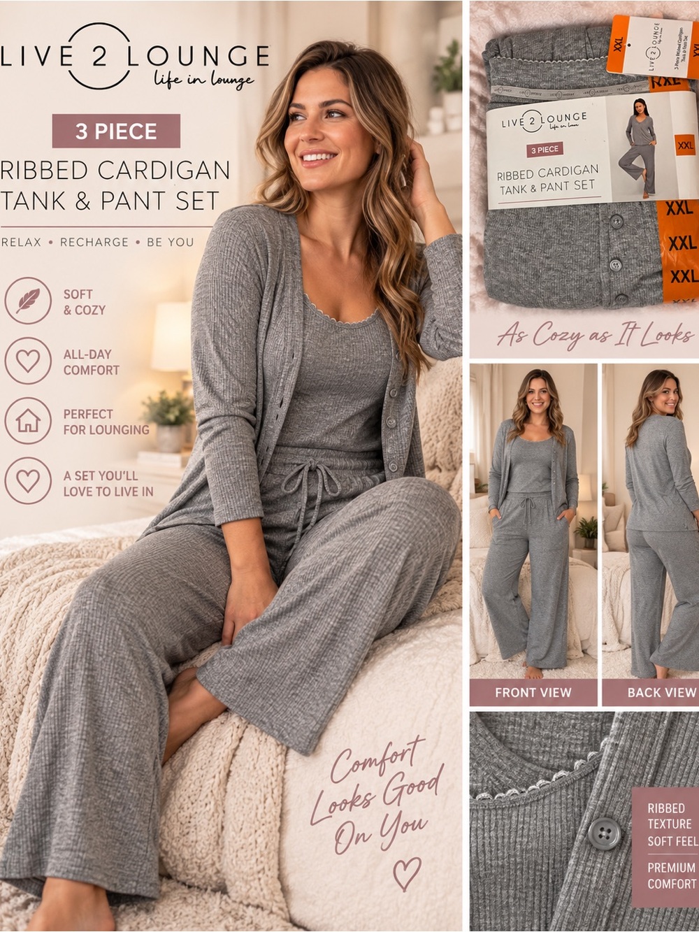 Live 2 Lounge 3-Piece Ribbed Cardigan, Tank & Pant Set - Gray